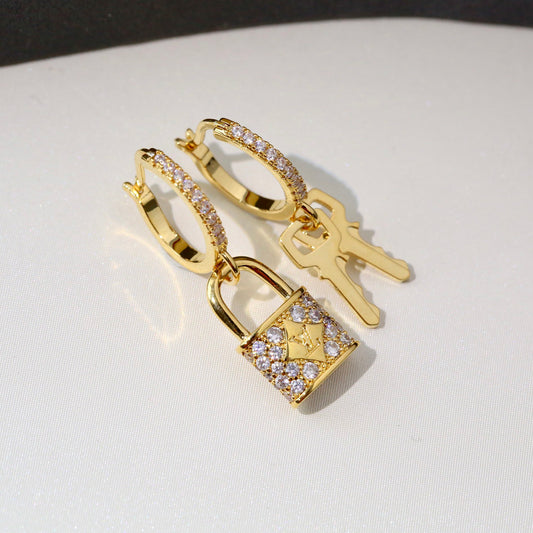 Sparkling Full Zircon Lock Key Earrings